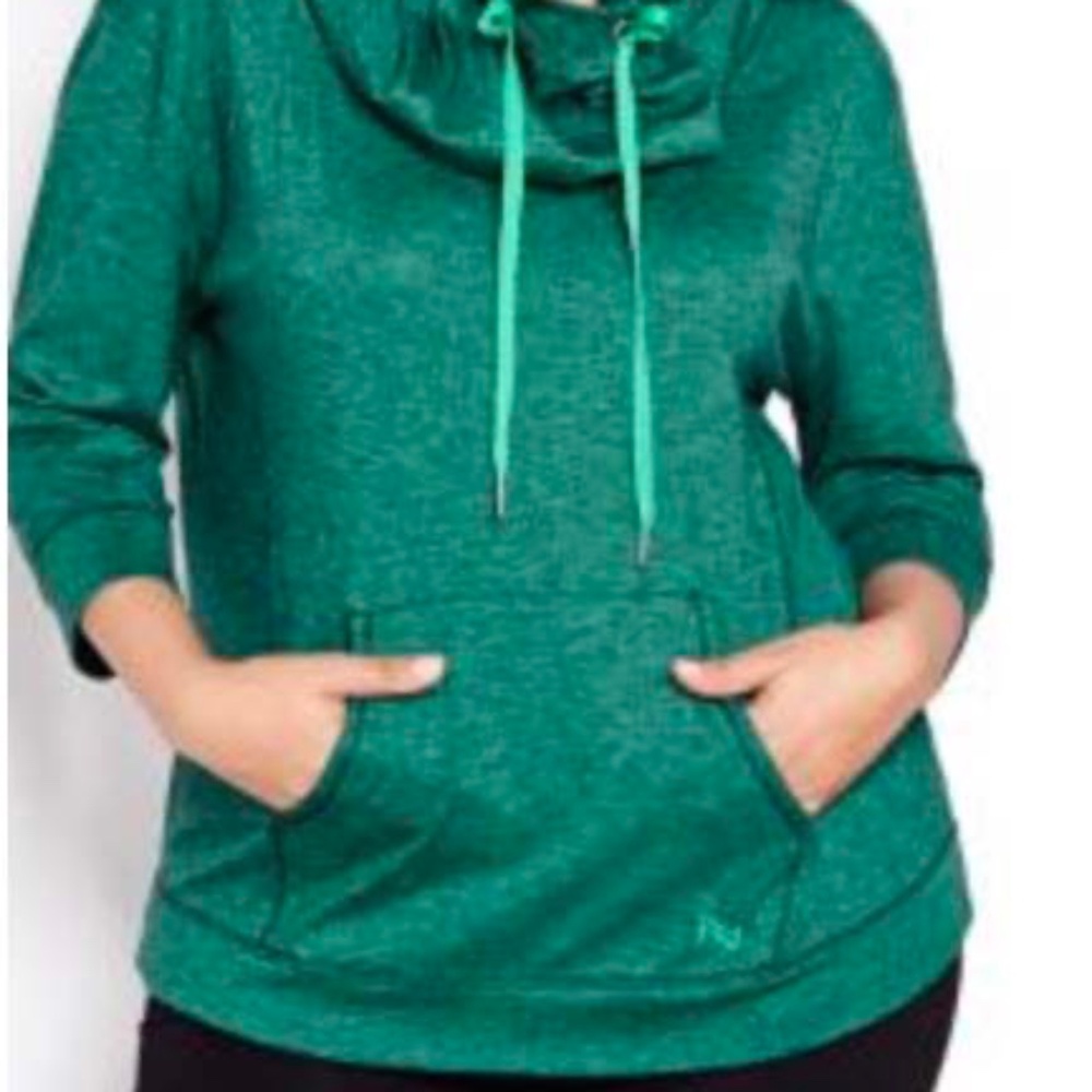 PULLOVER, FUNNEL NECK, GREEN, SIZE 4X, ¾ SLEEVES, FRONT KANGAROO POCKET, MARLED